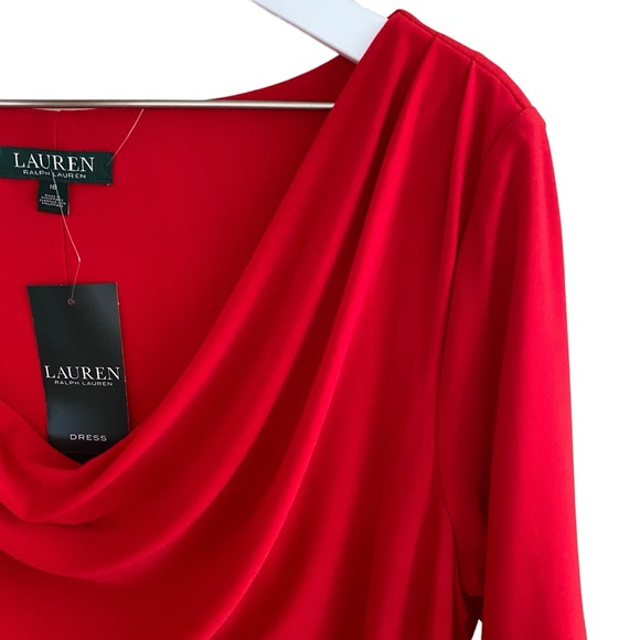 PLUS Ralph Lauren NWT Bold Red Statement Cowl Neck Ruched Jersey Dress Size 16 - Picture 5 of 8